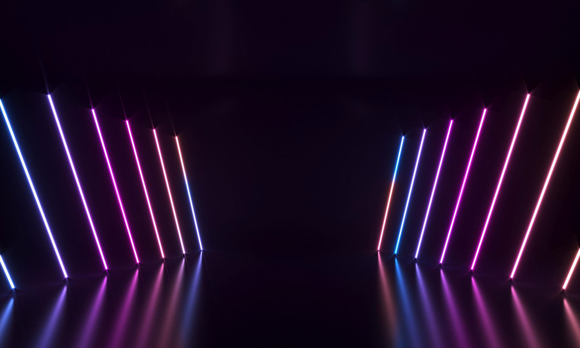 Abstract digital rendering of glowing neon light lines in blue, purple and pink sweeping across a dark background, futuristic and atmospheric mood